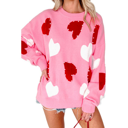 Women's Fashionable And Versatile Heart-Print Crew-Neck Knitted Top