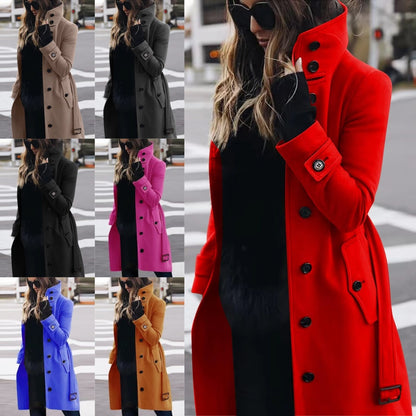 Women's Luxury Woolen Coat - Slim Fit Stand Collar Cardigan | Premium Winter Outerwear