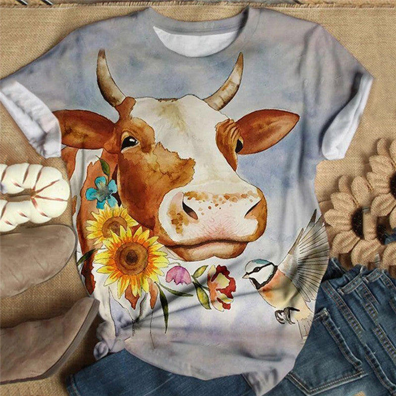 Fashionable Women's T-Shirt With Bull-Head Print Crew Neck And Short Sleeves
