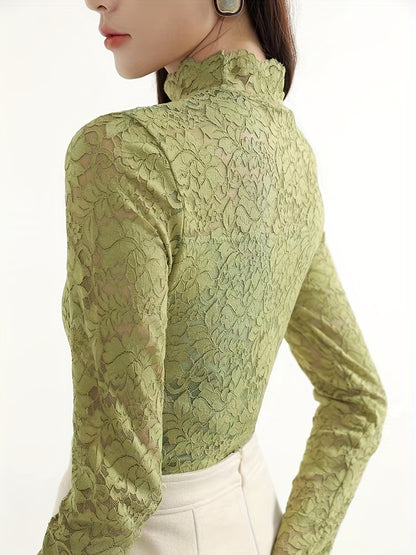 Slim Sexy Long Sleeve Lace Mock Neck Top - Women's Spring & Fall Clothing