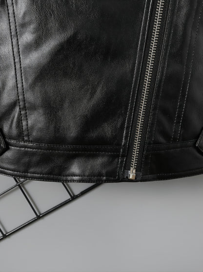 Children's Lapel PU Leather Jacket Zipper Coat Top For Girls And Boys Kids Clothes