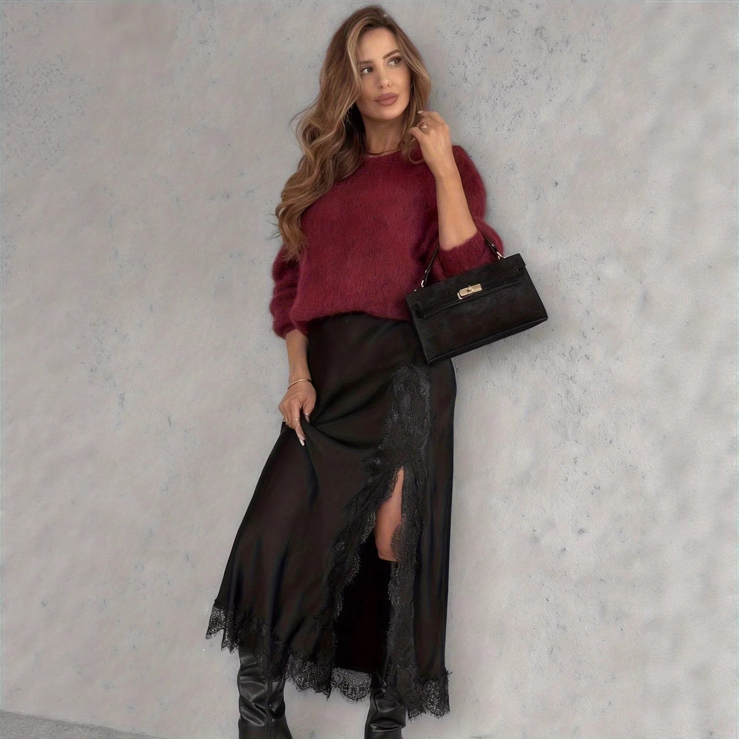 Spring New High-Slit Satin Skirt Solid Color