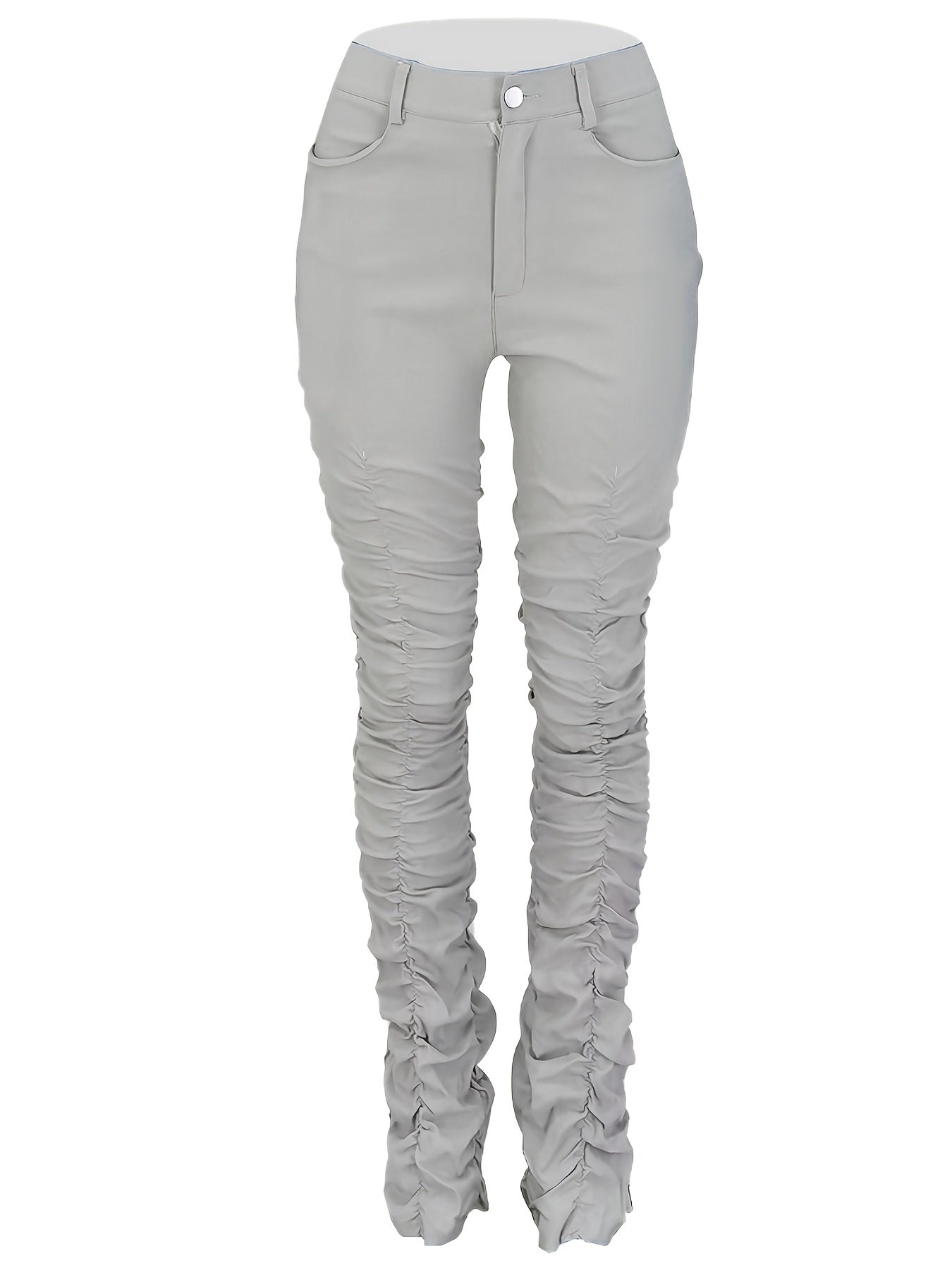 HY5159 Women's High-Waisted Stretchy Ruched Pants - Light Grey Casual Tapered Leggings with 95% Polyester 5% Elastane, Machine Washable All-Season Comfort