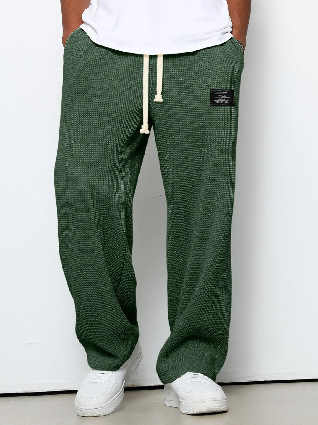 Waffle Straight Pants Fashion Brand Loose Loose  Drawstring Pockets Trousers Casual Men's Clothing