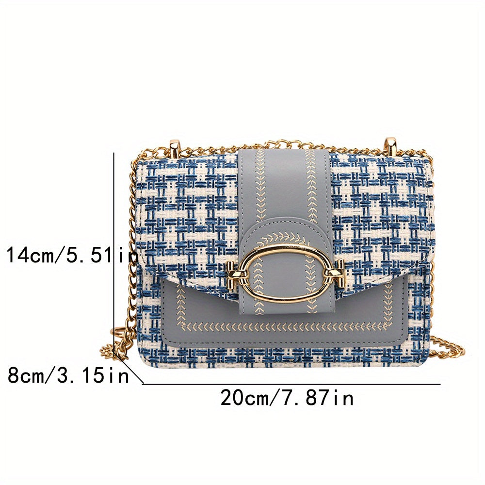 Elegant Plaid Tweed Crossbody Bag – Lightweight Chain Shoulder Purse with Adjustable Strap, Magnetic Buckle Closure, and Leather Lining for Stylish Everyday Use
