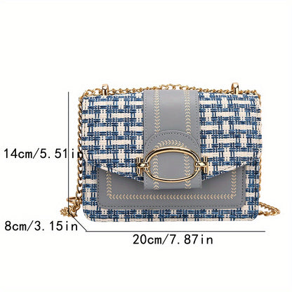 Elegant Plaid Tweed Crossbody Bag – Lightweight Chain Shoulder Purse with Adjustable Strap, Magnetic Buckle Closure, and Leather Lining for Stylish Everyday Use