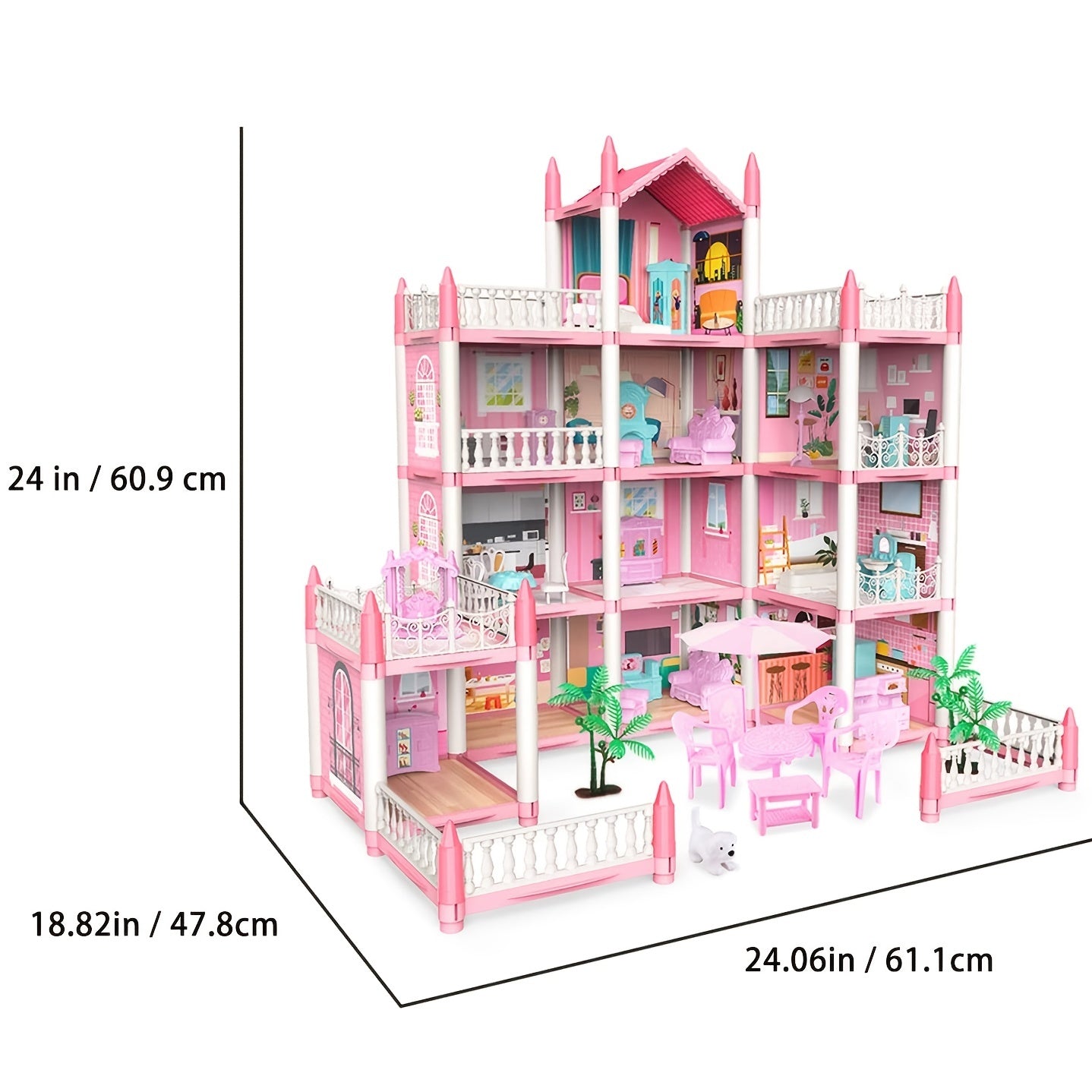 Pink Dollhouse for Girls - 11 Room DIY Pretend Play Toy House with Furniture