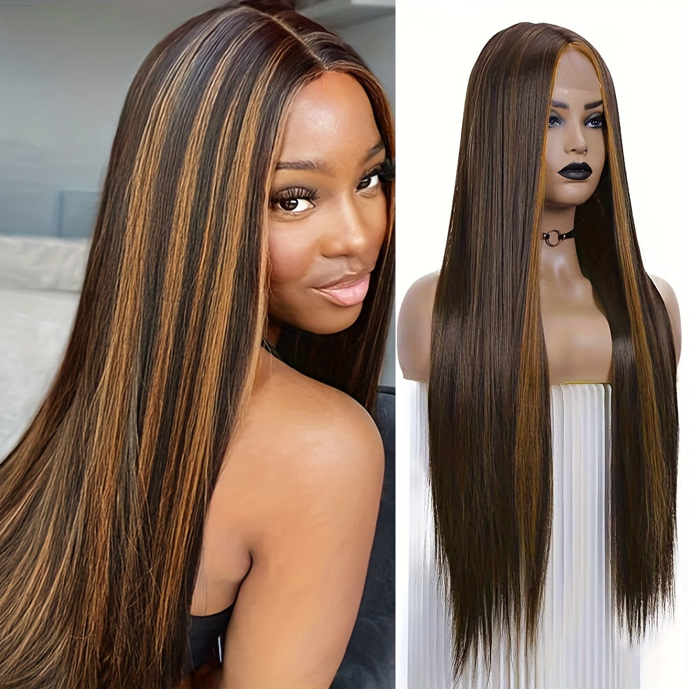 Elegant 26-Inch Black to Blonde Gradient Lace Front Wig - Long Straight Synthetic Hair with Natural Look, Heat Resistant, Ideal for Daily Wear & Cosplay