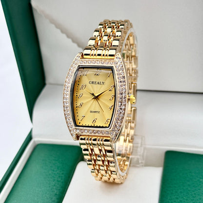 Diamond-encrusted Watch Barrel-shaped Dial Metal Bracelet Quartz Ladies' Watch