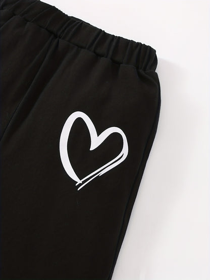 Girls' Fashion Set: Heart Print Round Neck Short Sleeve T-Shirt & Sweatpants 2pcs Casual Cotton Outfit, Perfect for Outdoor