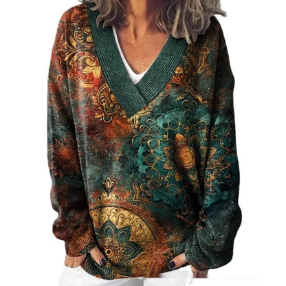 Floral Pattern Printed V-neck Long Sleeve Casual Sweatshirt