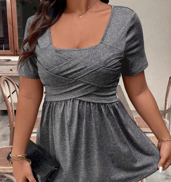 Solid-color Square-neck Front-cross-strap Short-sleeve Casual T-shirt