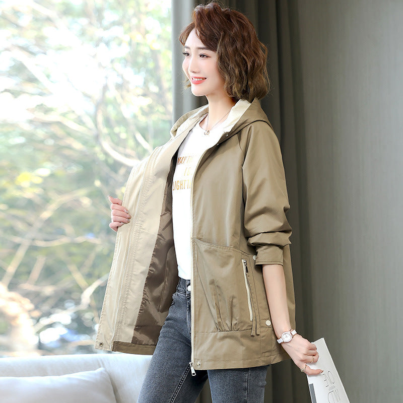 Women's Korean Style Hooded Trench Coat - Mid-Length Casual Jacket