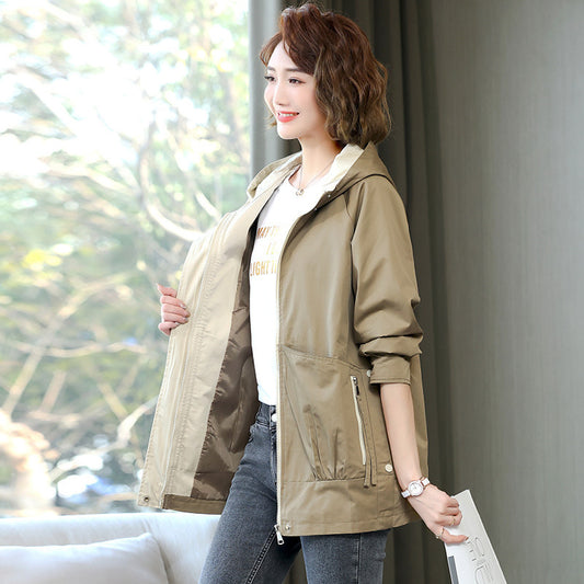 Women's Korean Style Hooded Trench Coat - Mid-Length Casual Jacket