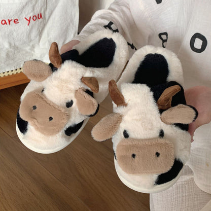 Women's Cartoon Cute Cow House Slippers, Warm Plush Lined Closed Toe Fuzzy Home Slides, Women's Comfy Indoor Shoes