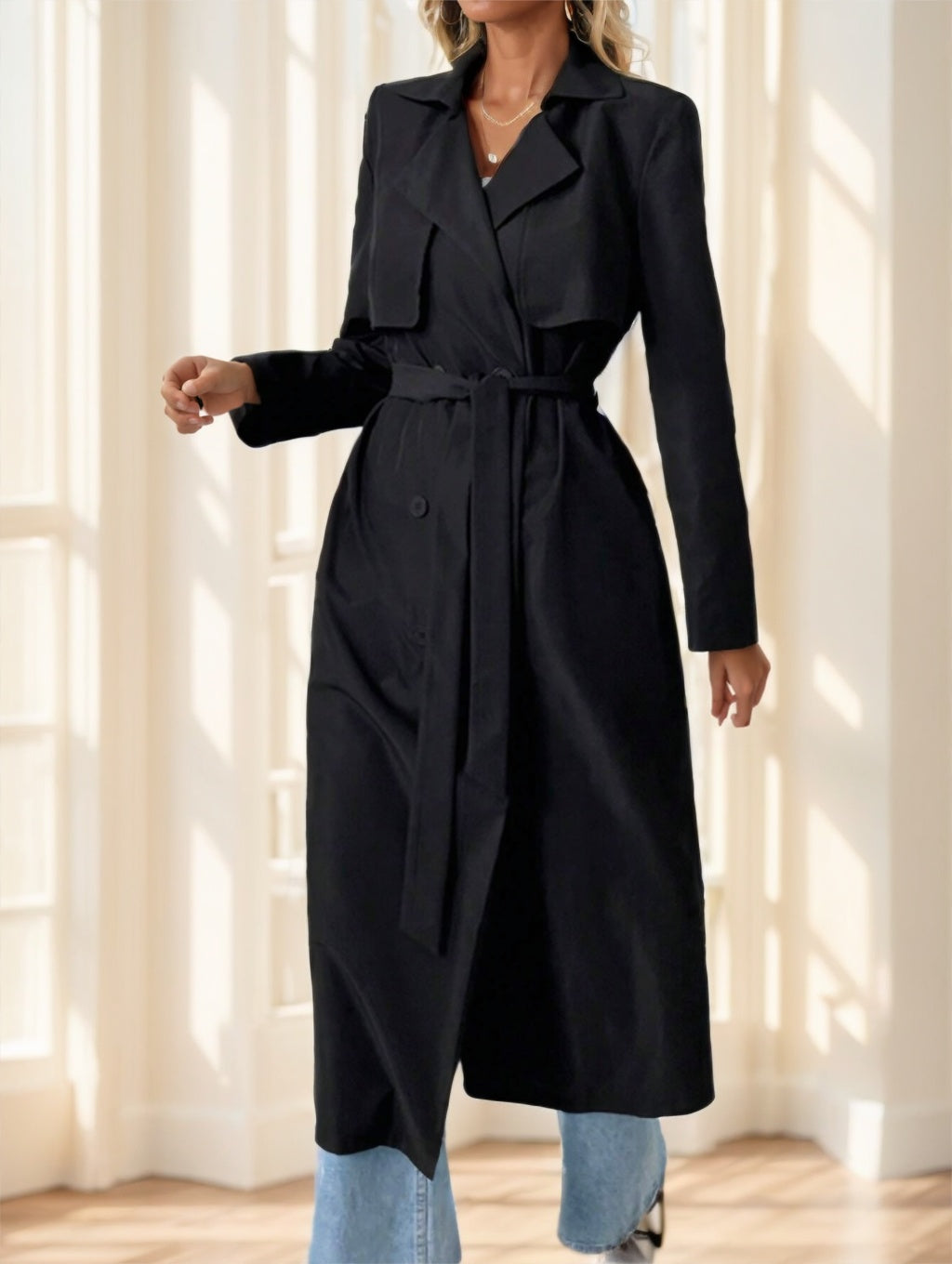 Women's Casual Double-Breasted Mid-Length Trench Coat