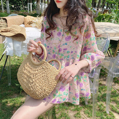 Doll-collar Top Summer New Arrival Loose-fit Vintage Puff-sleeve Blouse
