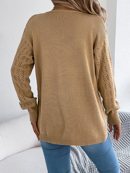 Women Solid Color Hollow Out Lantern Sleeve Long Sleeve Cardigan Sweater Coat