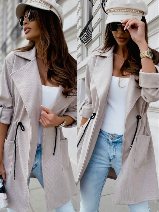 Fashion Suit Collar Drawstring Mid-length Trench Coat