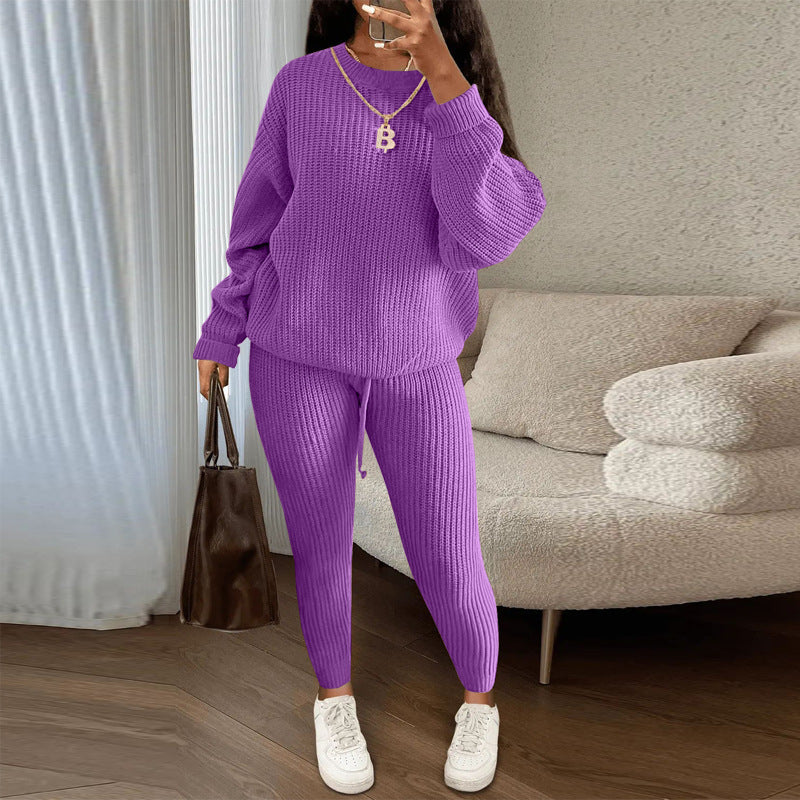 Women's Winter Ribbed Knit Co-ord Set - Loose Pullover Sweater & Drawstring Pants