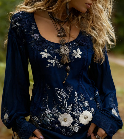 Grass And Flower Embroidered Linen Shirt
