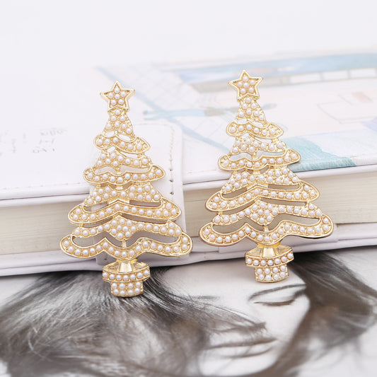 Hollow Out Christmas Tree Earrings With Diamonds