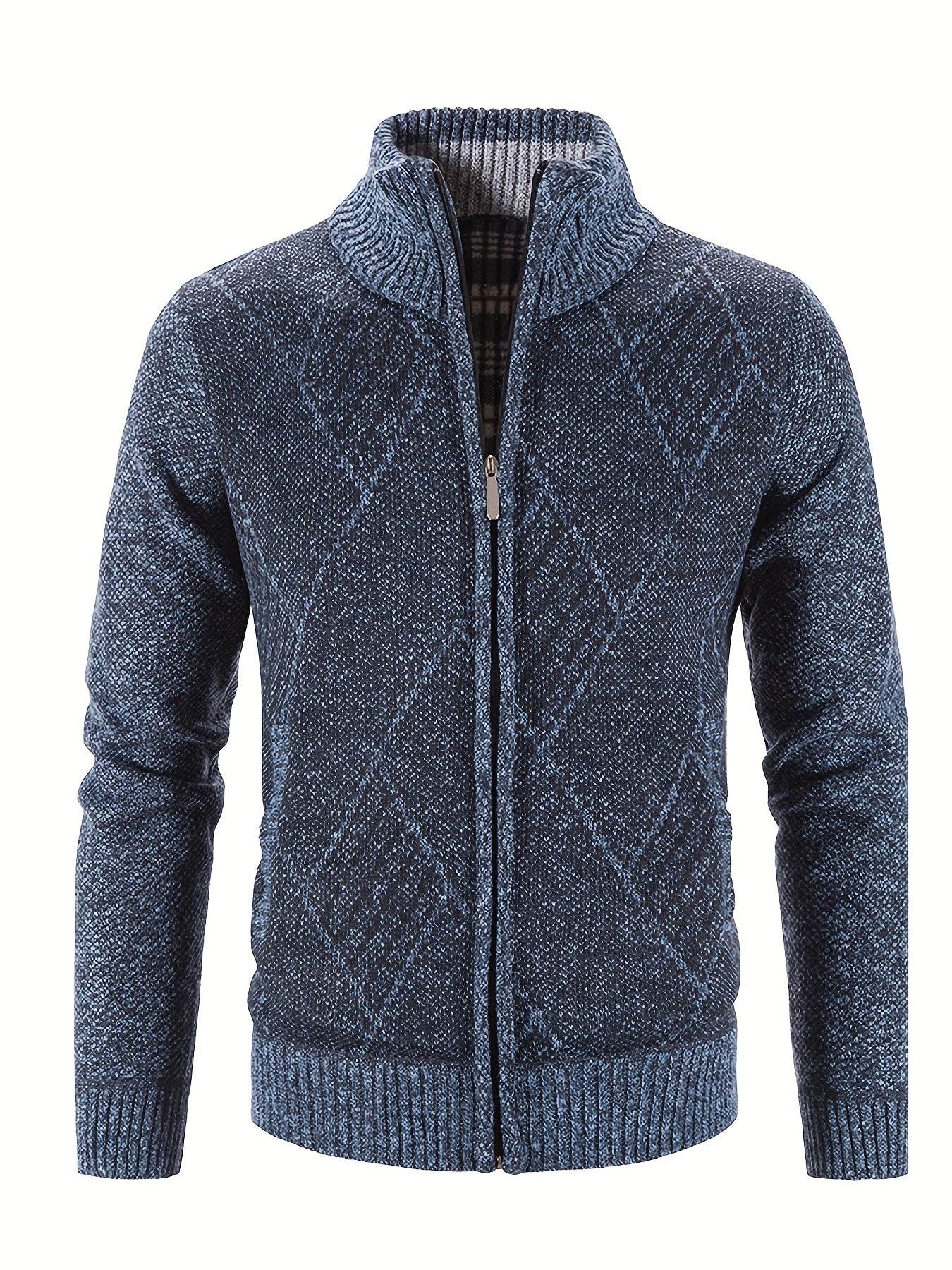 Mens Diamond Plaid Cardigan - Stylish Casual with Refined Stand Collar - Luxuriously Plush & Cozy Warm Knit Zip Up - Eye-Catching Design