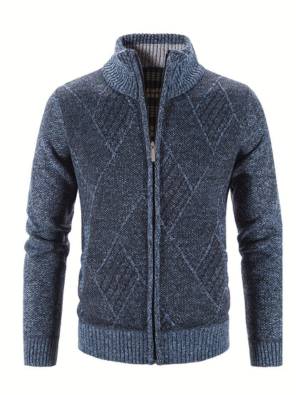 Mens Diamond Plaid Cardigan - Stylish Casual with Refined Stand Collar - Luxuriously Plush & Cozy Warm Knit Zip Up - Eye-Catching Design