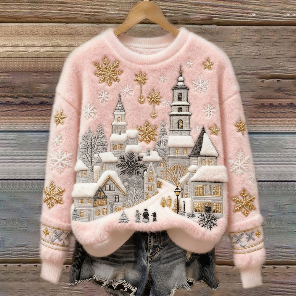 Women's Christmas Crew-neck Patterned Top