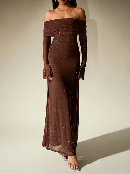 Black Off-Shoulder Maxi Dress With Glitter Detail And Mesh Sleeves