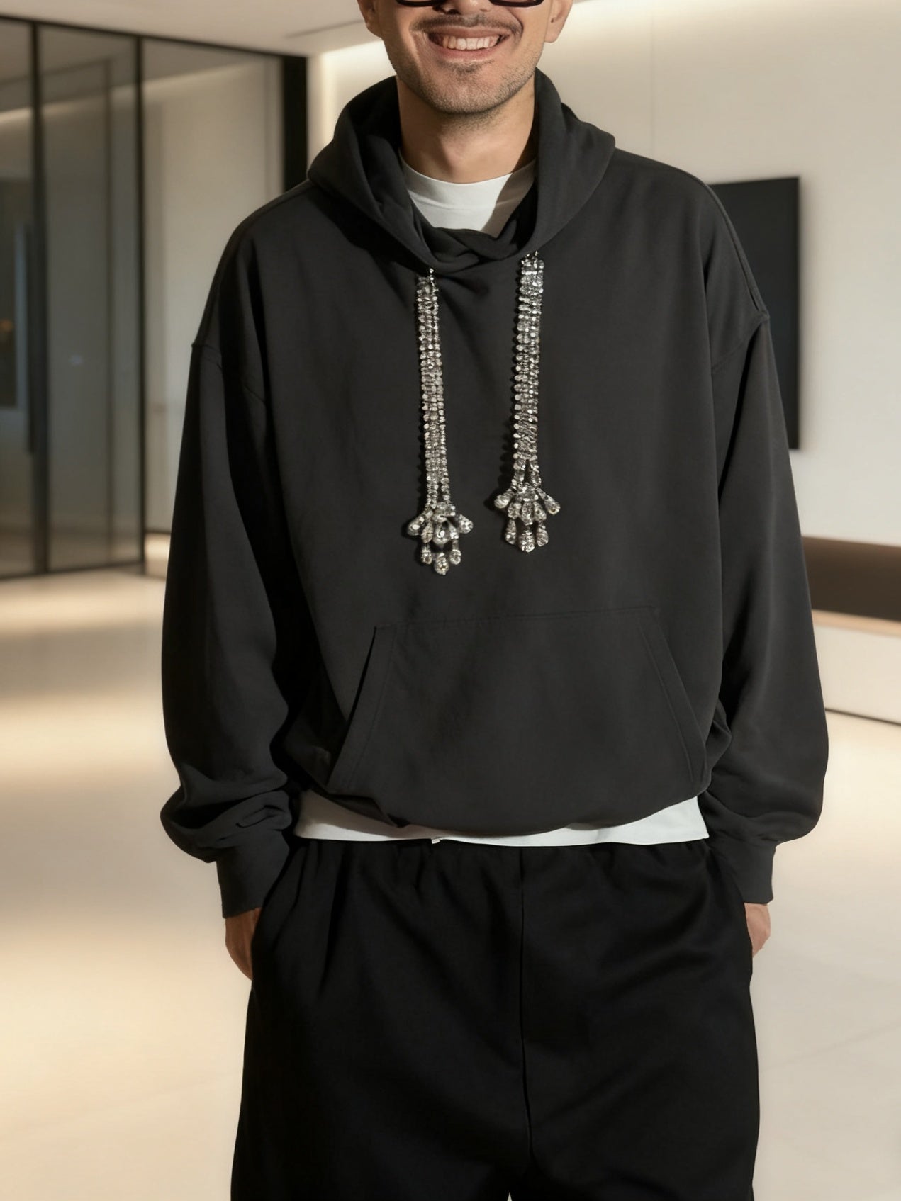 Oversized Hoodie With Crystal-Embellished Drawstrings