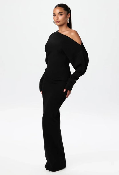Ins Slim Long Sleeve Knitted Dress Evening Party Sexy Off-shoulder Bodycon Long Dresses