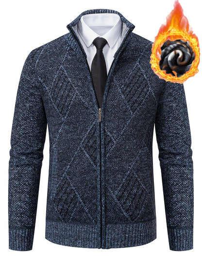 Mens Diamond Plaid Cardigan - Stylish Casual with Refined Stand Collar - Luxuriously Plush & Cozy Warm Knit Zip Up - Eye-Catching Design