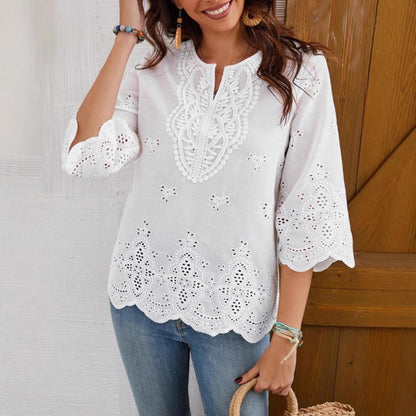 Lace-trimmed V-neck Springsummer New Arrival Three-quarter-sleeve Blouse