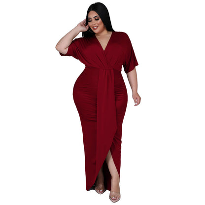 Women's Fashion Plus-Size Irregular Long-Sleeve V-Neck Dress