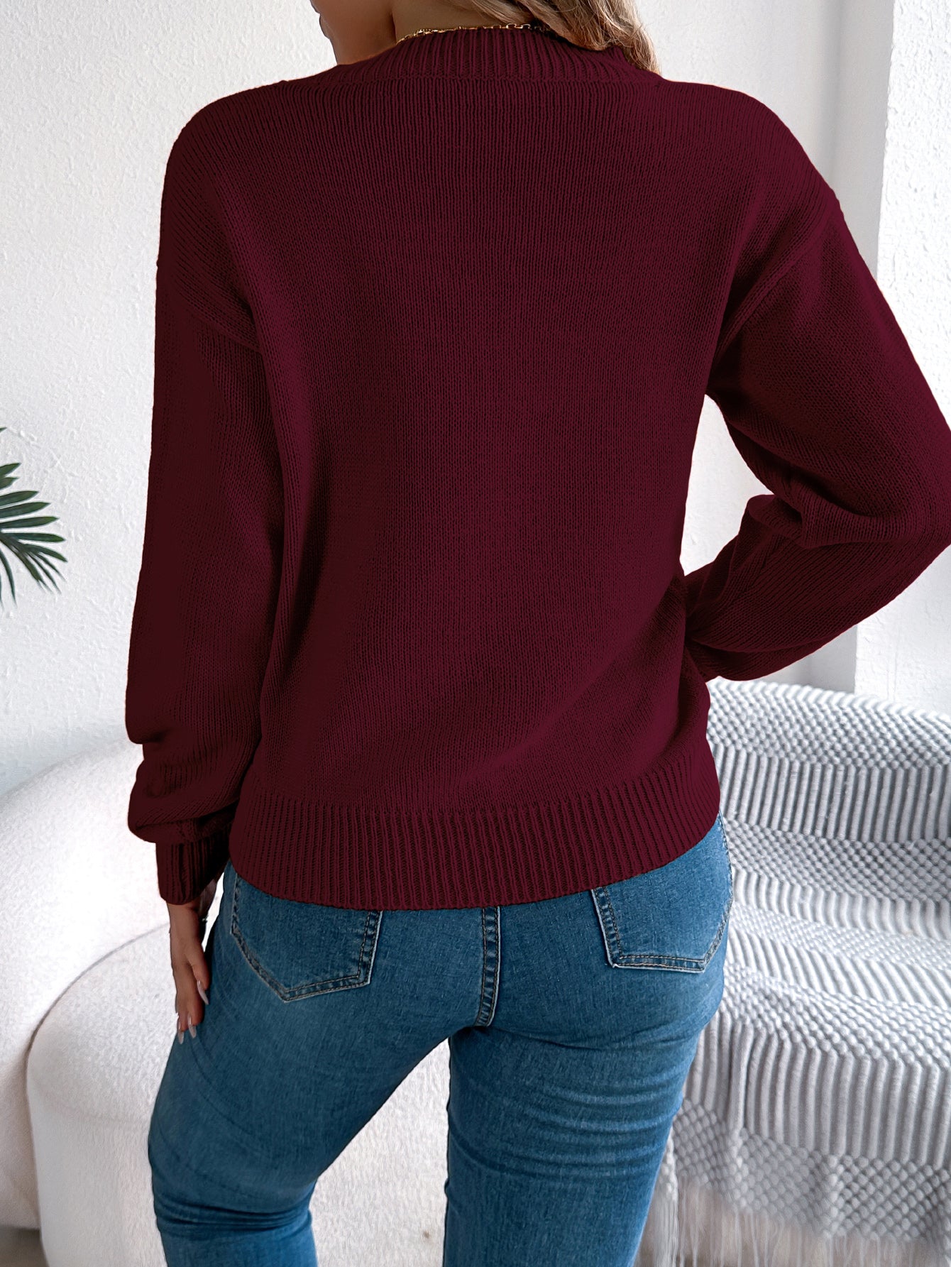 Women Solid Color Hollow Out Lantern Sleeve Pullover Sweater