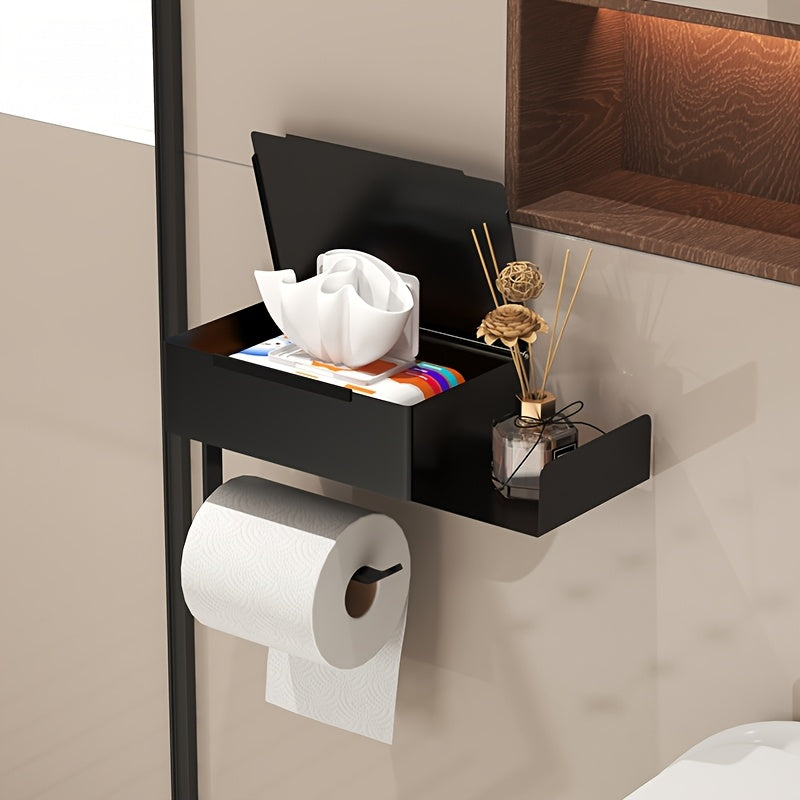 1pc Wrought Iron Bathroom Tissue Holder with Shelf - Self-Adhesive Wall Mounted Toilet Paper Roll Dispenser, Non-Drilling Installation, Multi-Functional Storage for Wet Wipes and Phone, Home Decor