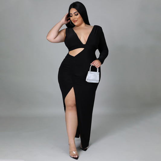Solid-color Single-sleeve Sexy Hollow-out Maxi Dress