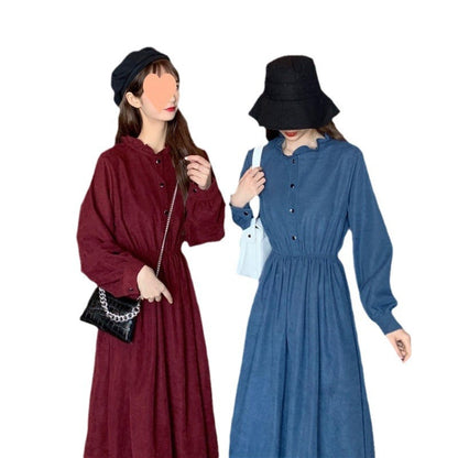 Retro Aloofness Style Mid-length Waist Fungus Long Sleeve Dress