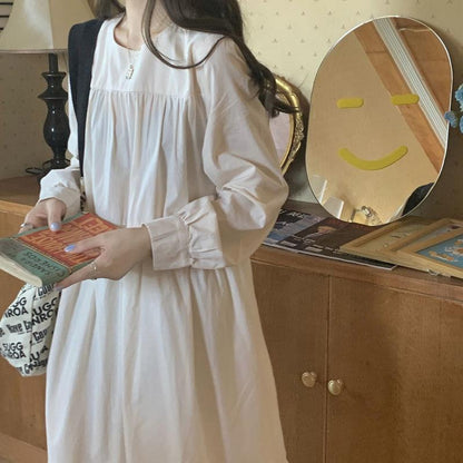 Korean Style Long Sleeve Round Neck Mid-Length Dress