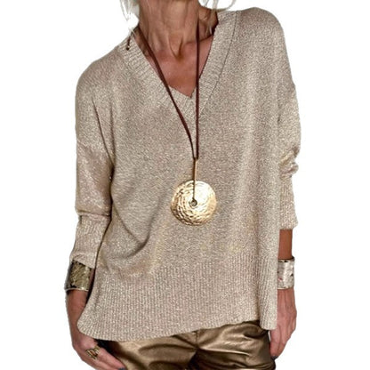 Casual Minimalist, Loose-fitting V-neck Knit Top For Women