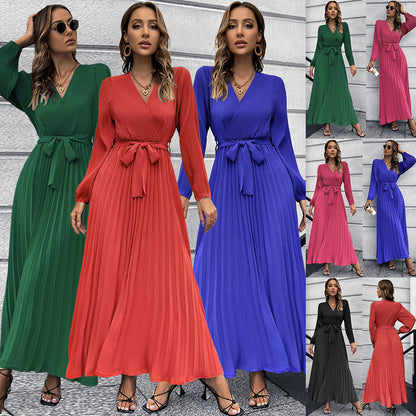 V-neck Long Sleeve Pleated A- Line Mid-length Dress