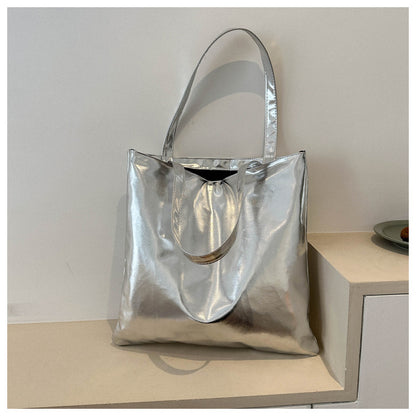 Simple Portable Large Capacity Texture Shiny Shoulder Bag Personality Soft Pu Paint Commuter Tote