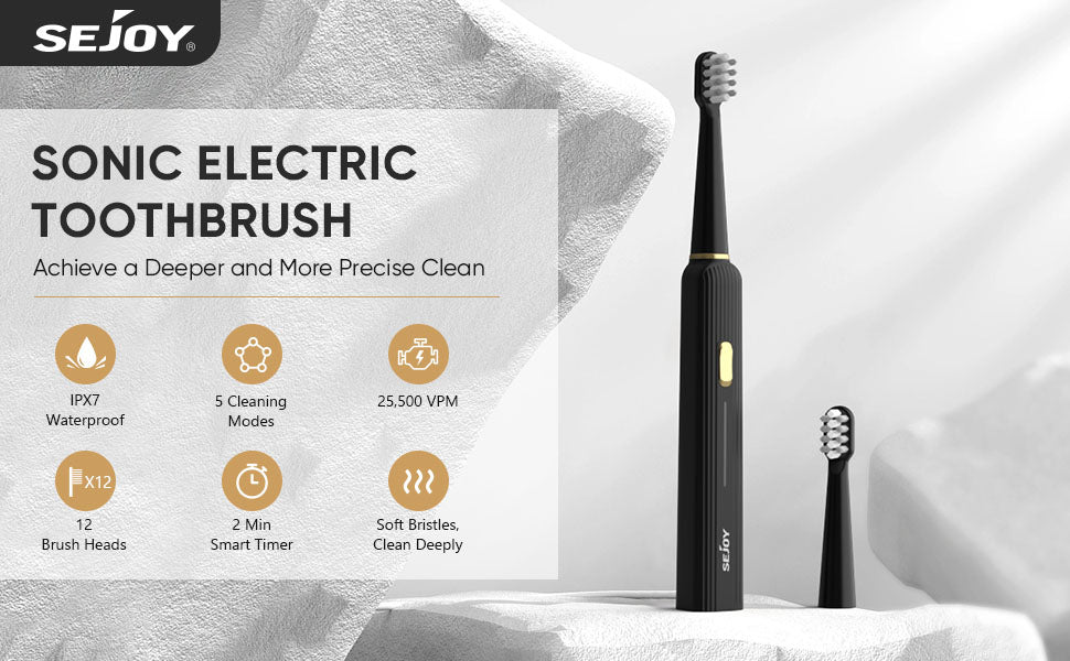 SEJOY Sonic Electric Toothbrush Rechargeable For Adult Rotating Toothbrush With 12 Brush Heads 5 Modes Timer