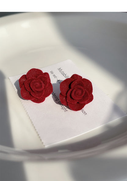 Red Rose Flower Velvet Stud Earrings High-end Retro Ear Decoration Jewelry For Women