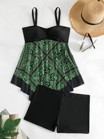 Plus Size Tribal Print One-Piece Swimsuit - Off Shoulder Bandeau Swimwear for Women