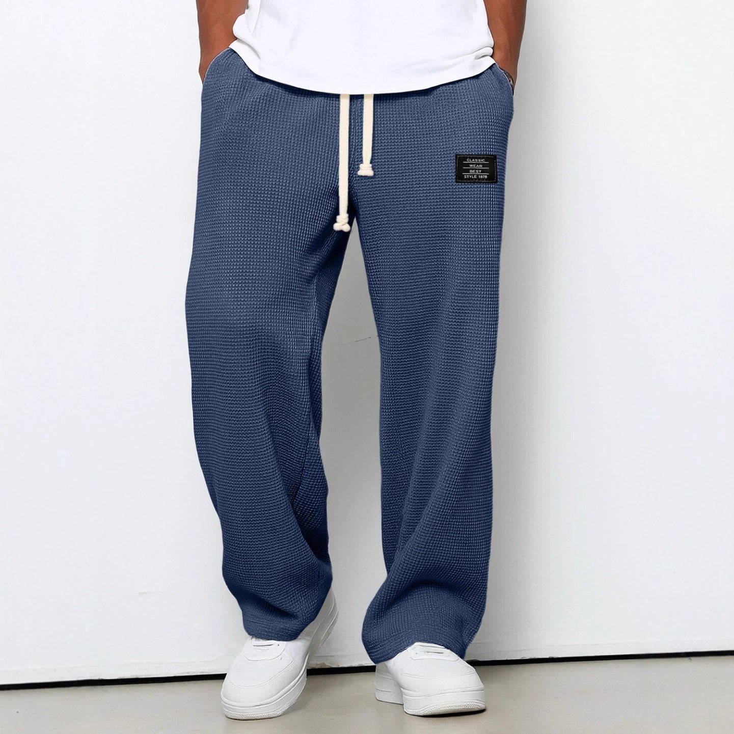 Waffle Straight Pants Fashion Brand Loose Loose  Drawstring Pockets Trousers Casual Men's Clothing