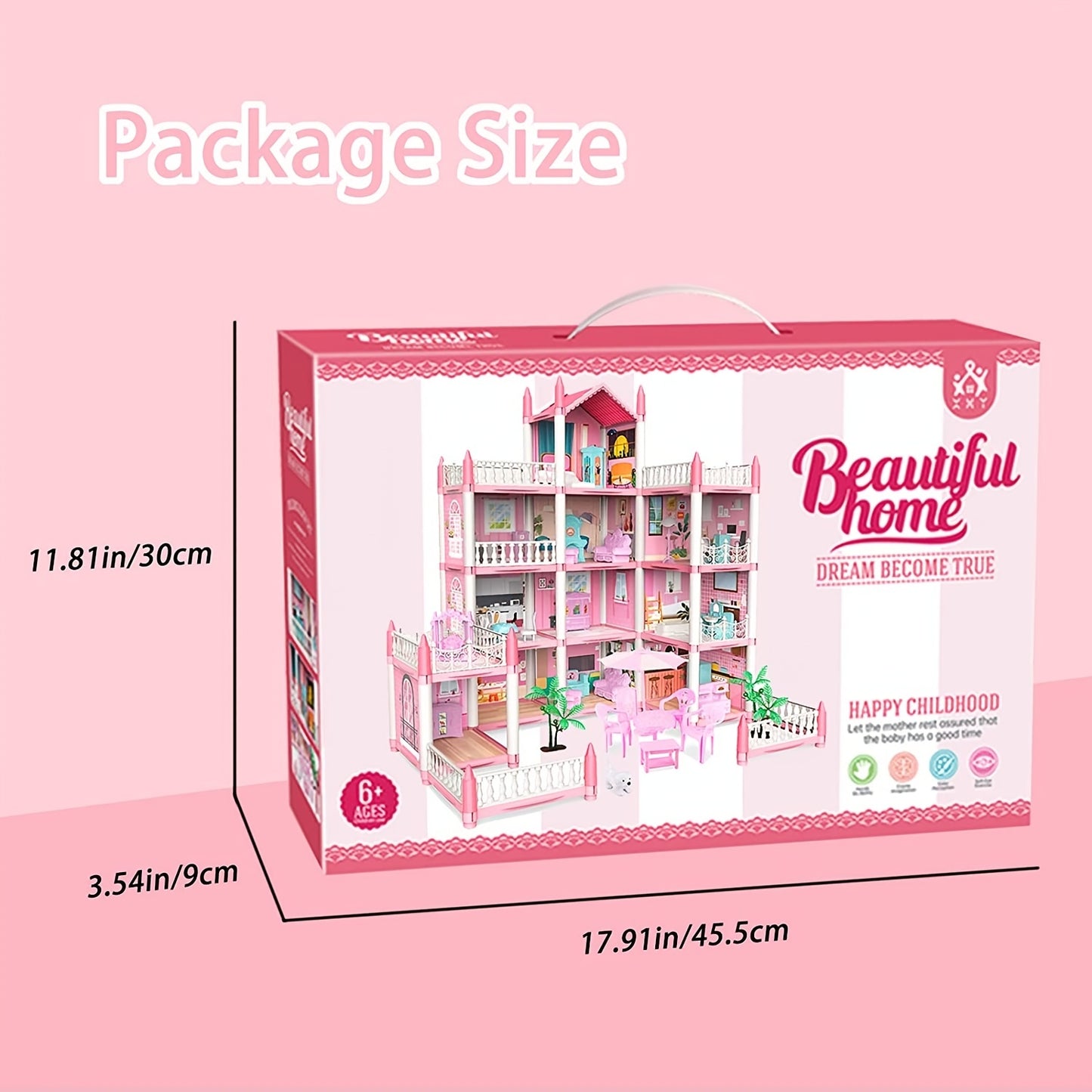 Pink Dollhouse for Girls - 11 Room DIY Pretend Play Toy House with Furniture