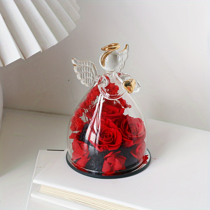 Eternal Red Roses in Glass Dome, 10.21cm x 7.49cm, Angel Statue with Red Roses, Romantic Valentine's Day, Christmas, Thanksgiving, Mother's Day, Graduation Gift, Love, Forever Flower Display, Home Decor