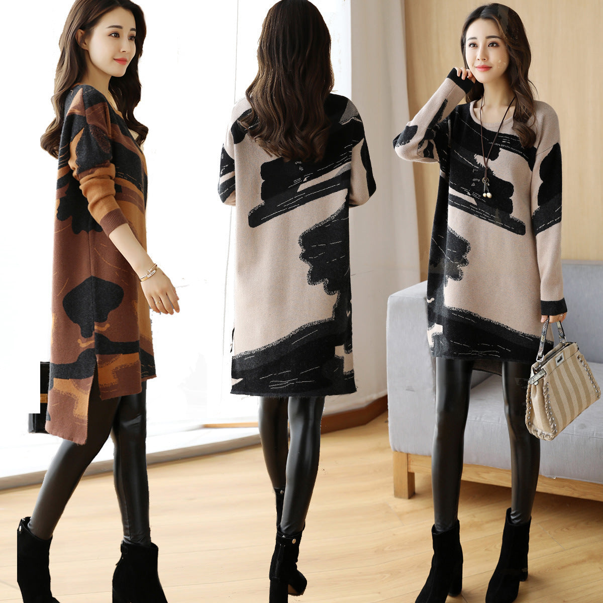 Mid-length base skirt women round neck long sleeve dress